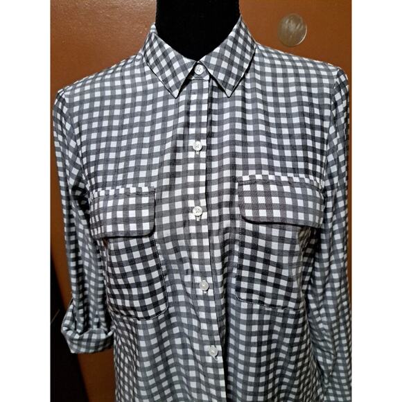 Express The City Womens M Plaid Blk White Button Up Collared Career Top Pockets - Picture 4 of 9